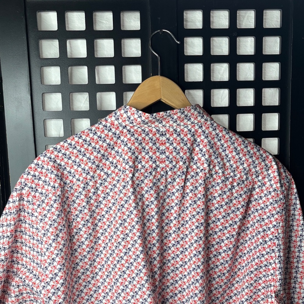 ❤️ Neiman Marcus Red Blue Bike Print Button Down Short Sleeve Shirt Men’s XXL ❤️ - Picture 9 of 16